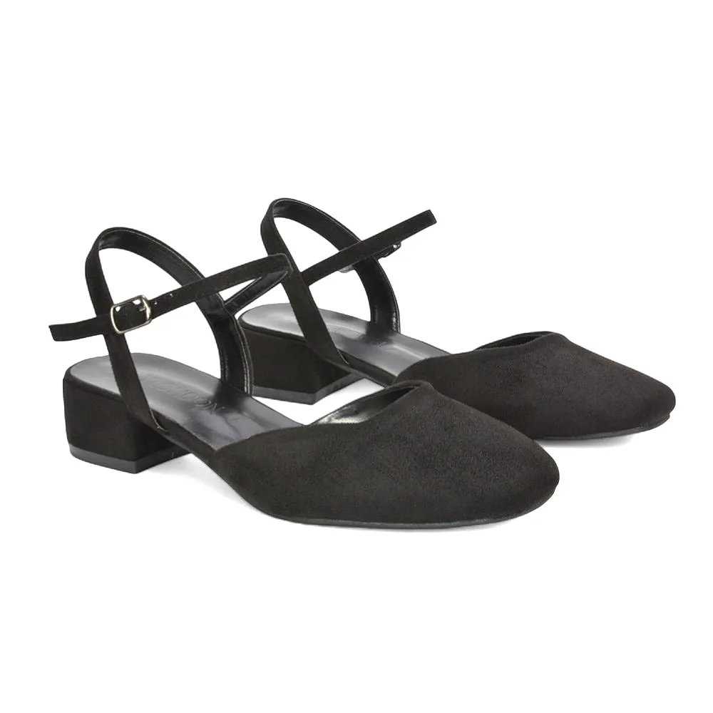Alisia Ankle Strappy Low Block Heel Sandals Court Shoes in Black Faux Suede sold by XYlondon