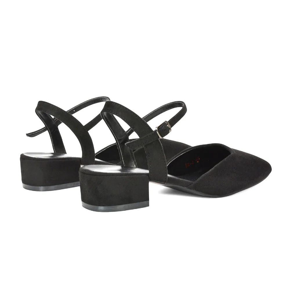 Alisia Ankle Strappy Low Block Heel Sandals Court Shoes in Black Faux Suede sold by XYlondon product image thumbnail 4