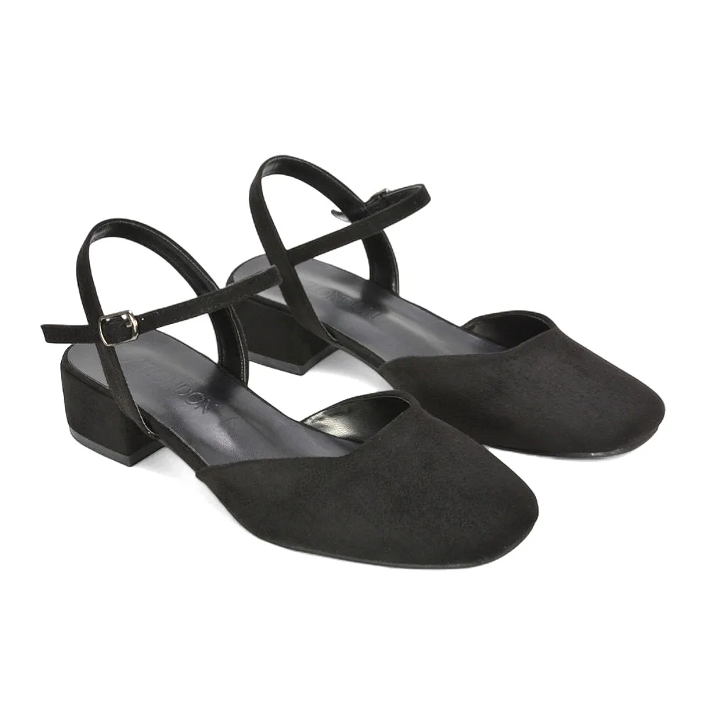 Alisia Ankle Strappy Low Block Heel Sandals Court Shoes in Black Faux Suede sold by XYlondon product image thumbnail 5