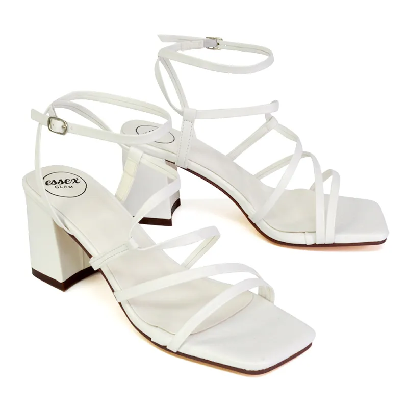 Jesy Ankle Strappy Cross Over Square Toe Mid-Block High Heel Sandals in White sold by XYlondon