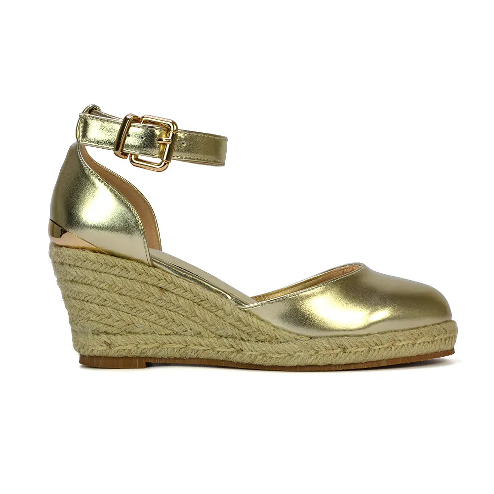 Forest Closed Toe Espadrilles With Sandal Wedge Heel in Gold sold by XYlondon