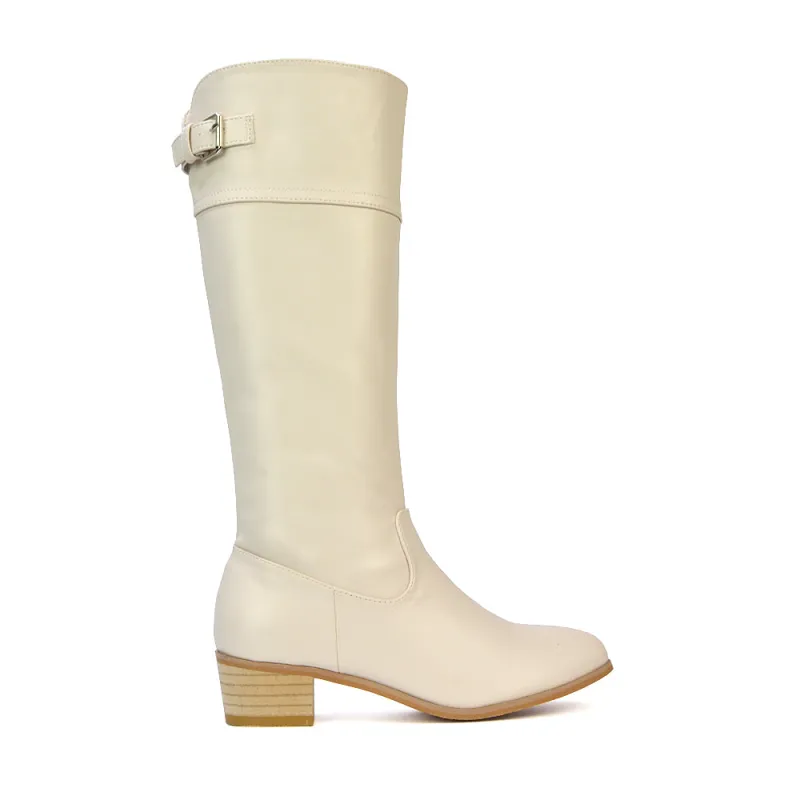 Caiden Knee High Low Block Heel Western Cowboy Boots in Chalk Synthetic Leather sold by XYlondon