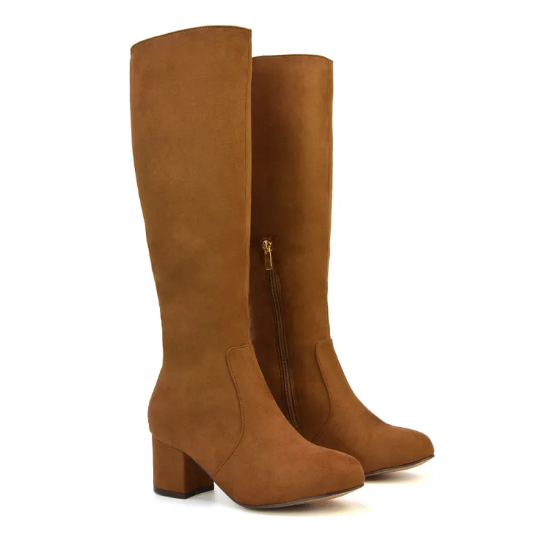Honey Knee High Boots with Mid Block Heel and Inside Zip in Brown Faux Suede sold by XYlondon