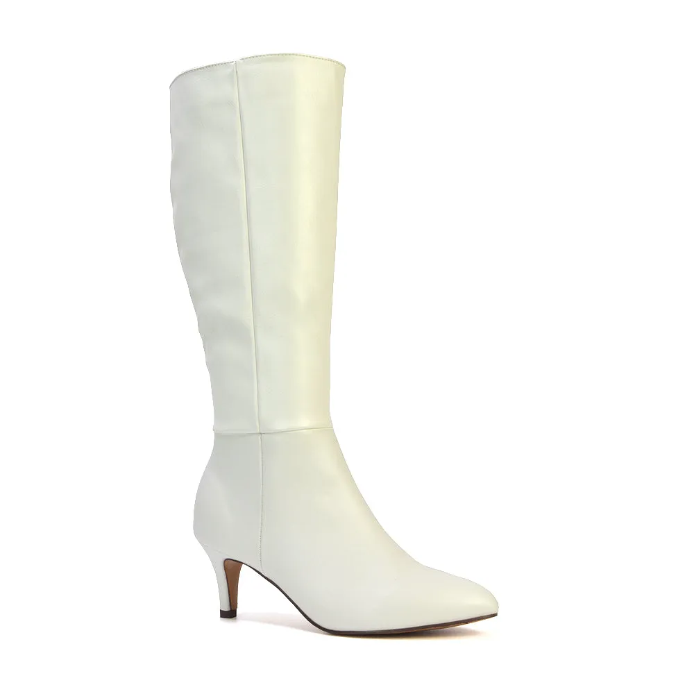 Narla Pointed Toe Mid Stiletto Heel Knee High Boots in White Synthetic Leather sold by XYlondon product image thumbnail 2