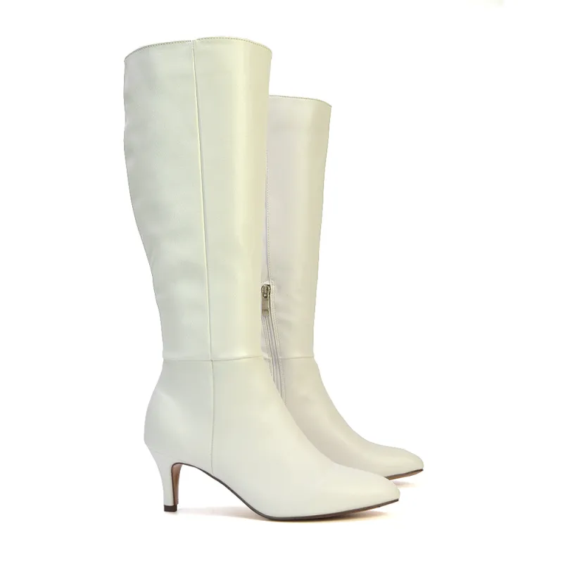 Narla Pointed Toe Mid Stiletto Heel Knee High Boots in White Synthetic Leather made by XYlondon