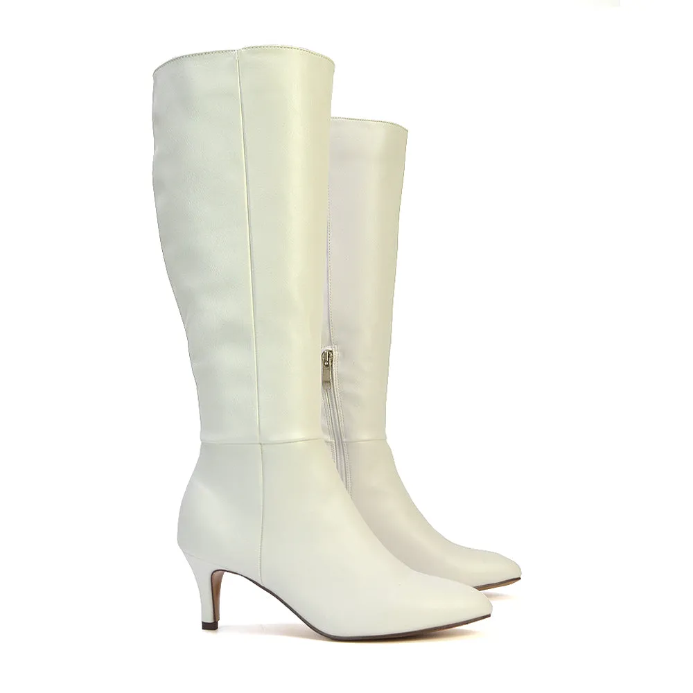 Narla Pointed Toe Mid Stiletto Heel Knee High Boots in White Synthetic Leather sold by XYlondon