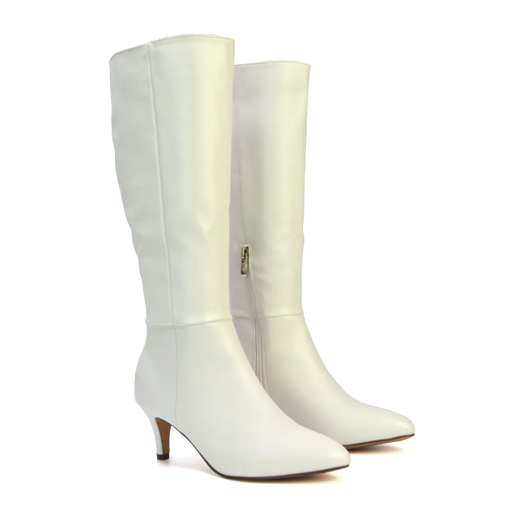 Narla Pointed Toe Mid Stiletto Heel Knee High Boots in White Synthetic Leather sold by XYlondon product image thumbnail 4
