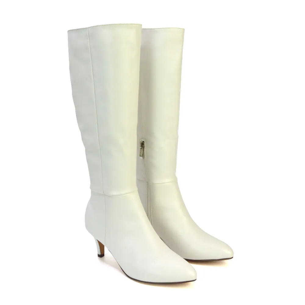 Narla Pointed Toe Mid Stiletto Heel Knee High Boots in White Synthetic Leather sold by XYlondon product image thumbnail 5