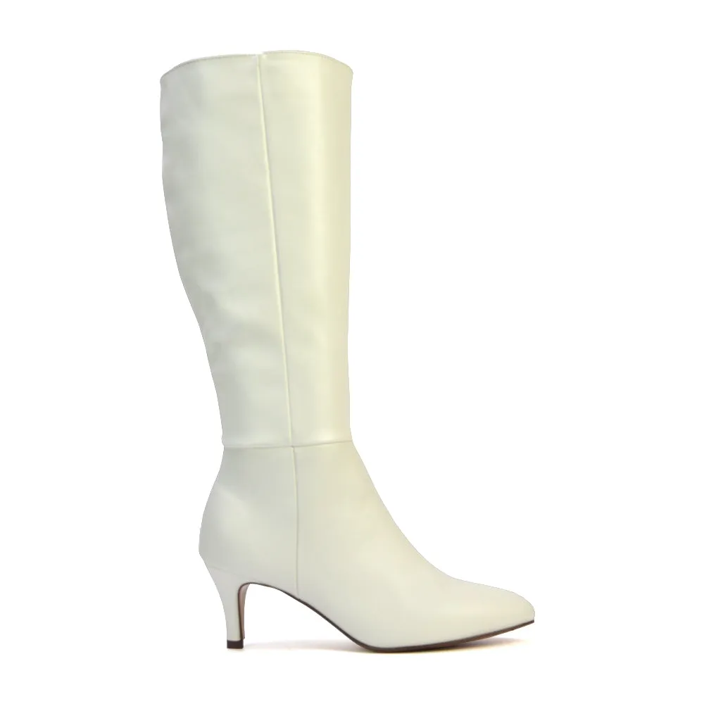 Narla Pointed Toe Mid Stiletto Heel Knee High Boots in White Synthetic Leather sold by XYlondon product image thumbnail 3