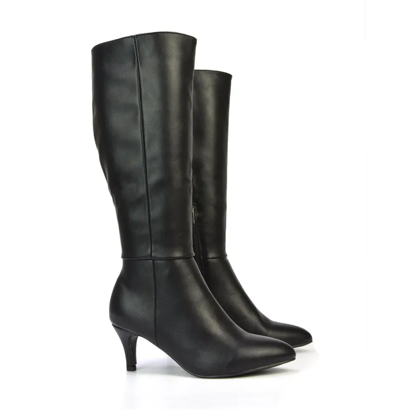 Narla Pointed Toe Mid Stiletto Heel Knee High Boots in Black Synthetic Leather sold by XYlondon