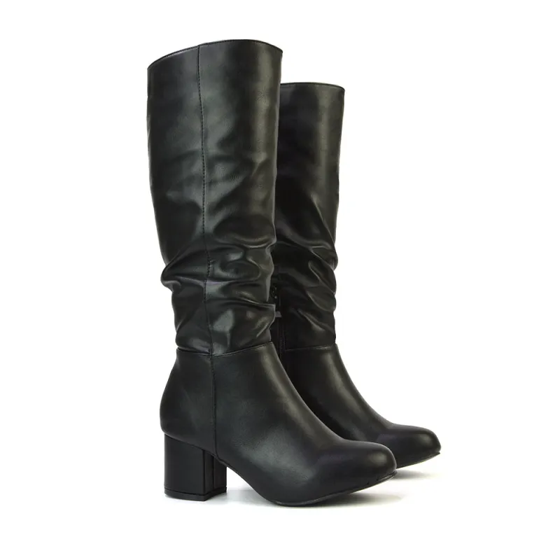 Jackie Ruched Mid Block High Heel Mid Calf High Boots in Black Synthetic Leather sold by XYlondon