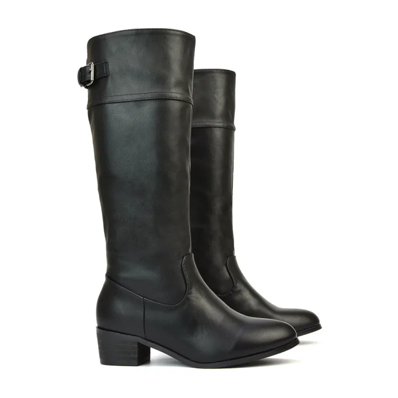 Caiden Knee High Low Block Heel Western Cowboy Boots in Black Synthetic Leather sold by XYlondon