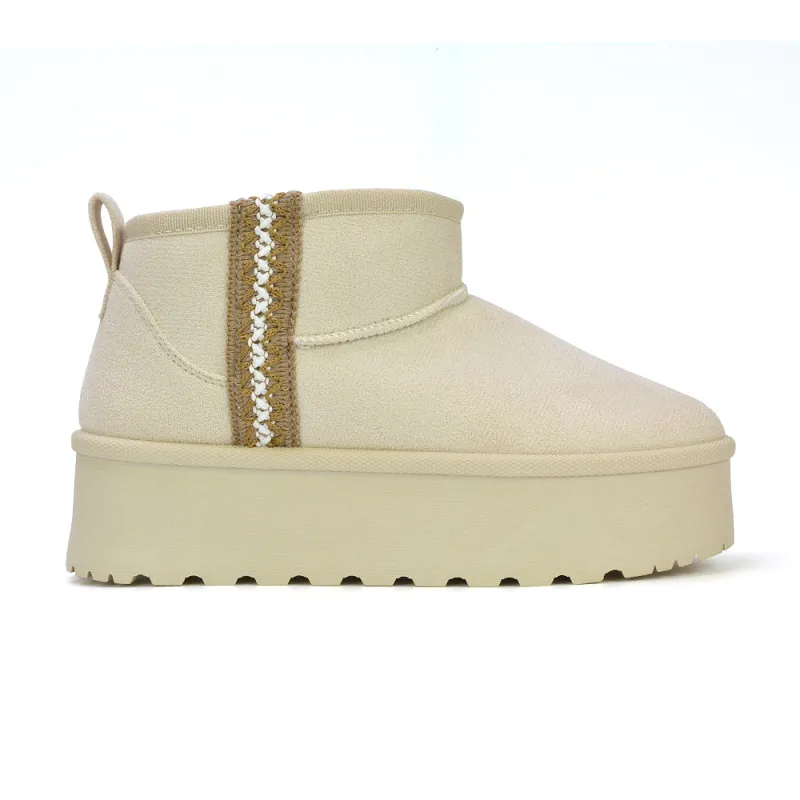 Bexley Aztec Ankle Platform Ultra Mini Boots With Faux Fur Insole in Cream sold by XYlondon