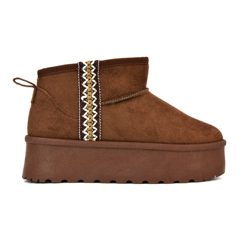Bexley Aztec Ankle Platform Ultra Mini Boots With Faux Fur Insole in Chocolate made by XYlondon