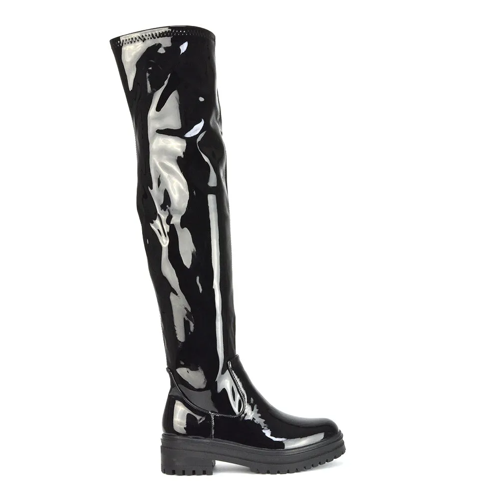 Rosalia Flat Chunky Sole Over the Knee Thigh High Long Boots in Black Patent sold by XYlondon product image thumbnail 2