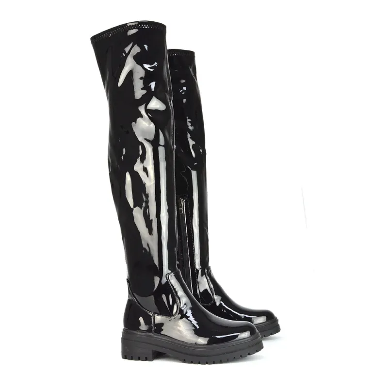 Rosalia Flat Chunky Sole Over the Knee Thigh High Long Boots in Black Patent sold by XYlondon