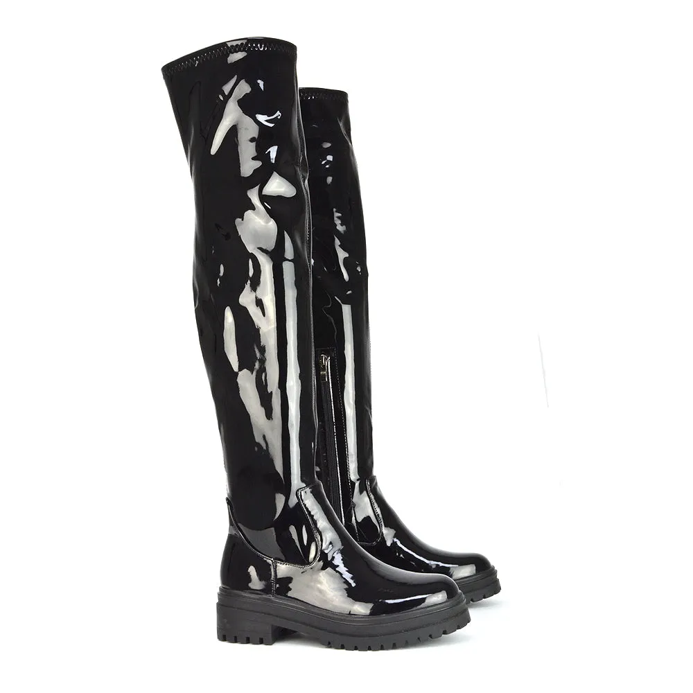 Rosalia Flat Chunky Sole Over the Knee Thigh High Long Boots in Black Patent sold by XYlondon