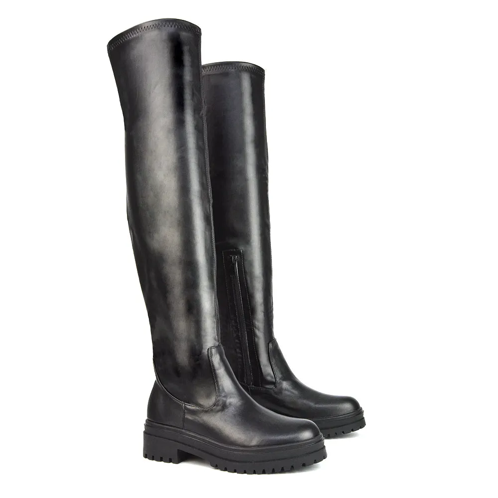 Rosalia Flat Chunky Sole Over the Knee Thigh High Long Boots in Black Patent sold by XYlondon product image thumbnail 4