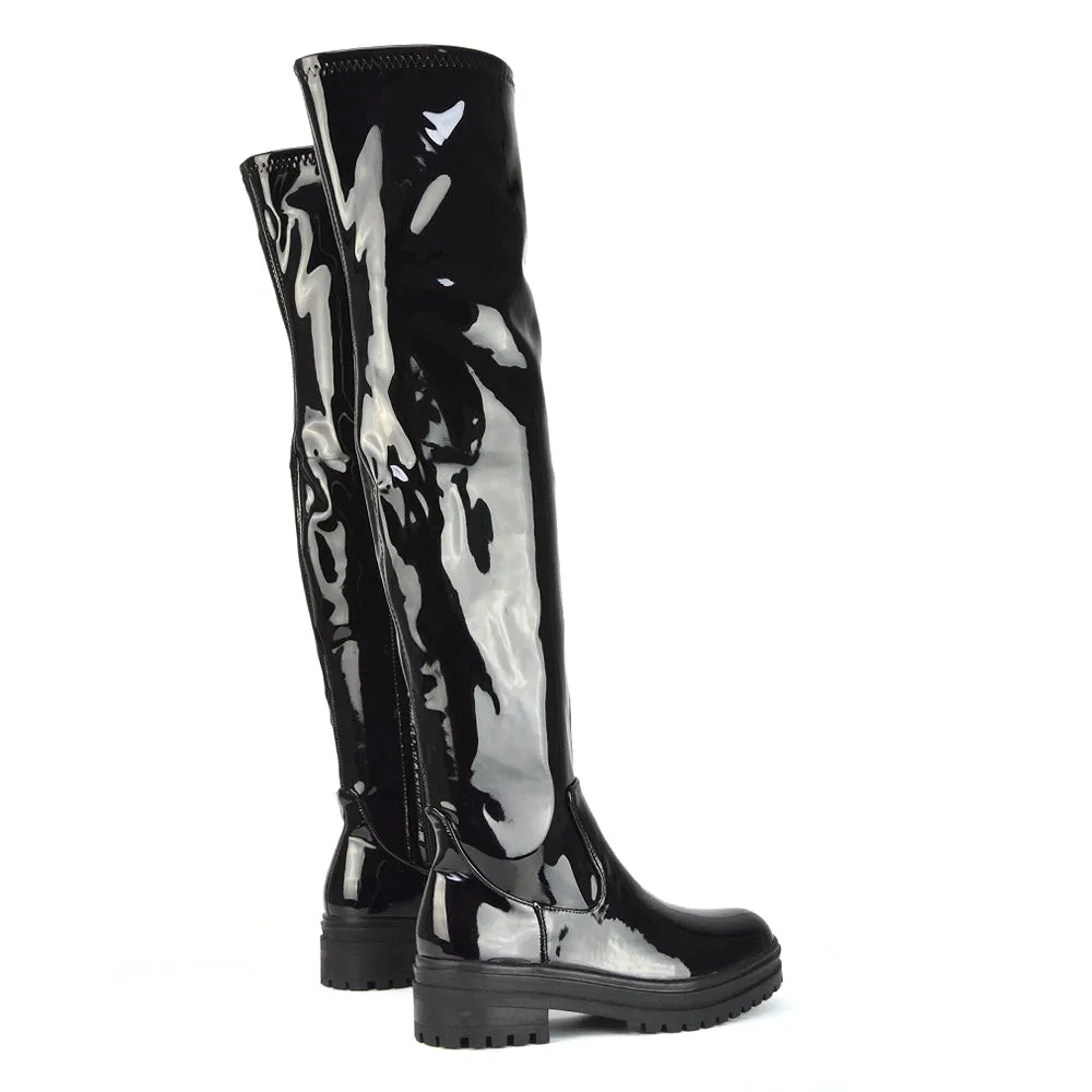 Rosalia Flat Chunky Sole Over the Knee Thigh High Long Boots in Black Patent sold by XYlondon product image thumbnail 3