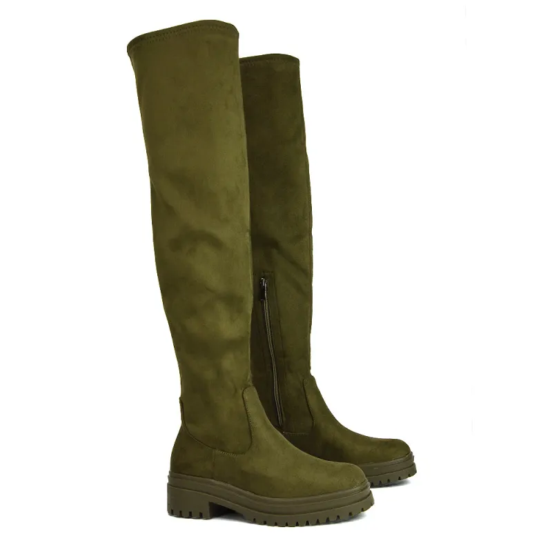 Rosalia Flat Chunky Sole Over the Knee Thigh High Long Boots in Green Faux Suede sold by XYlondon