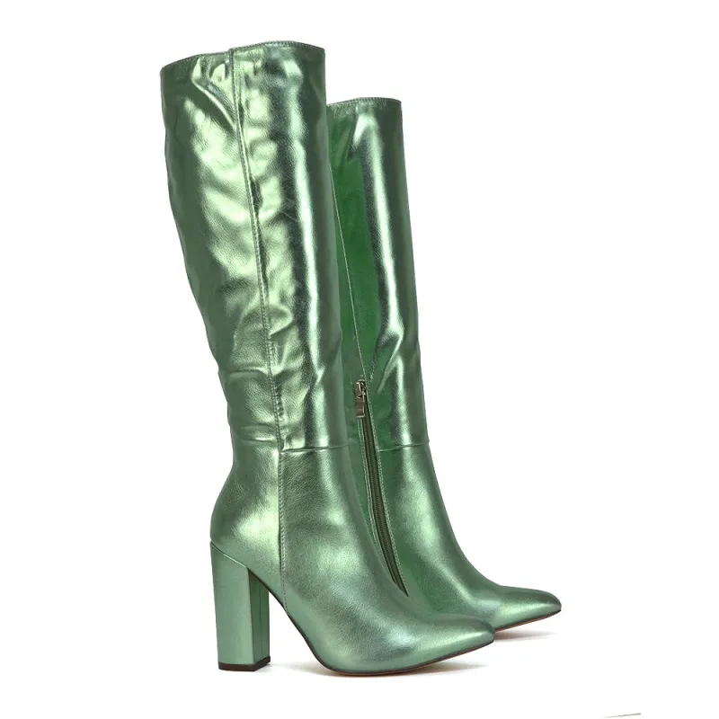 Opal Green Metallic Statement Knee High Pointed Toe Block Heeled Long Boots sold by XYlondon