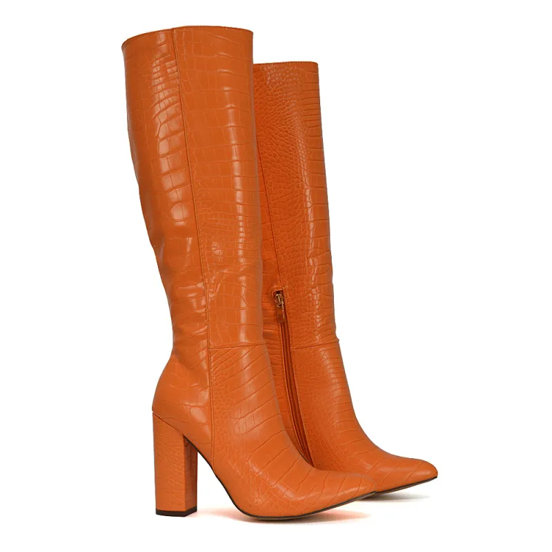 Rhode Pointed Toe Long Party Statement Zip-up Block High Heel Knee High Boots in Orange sold by XYlondon
