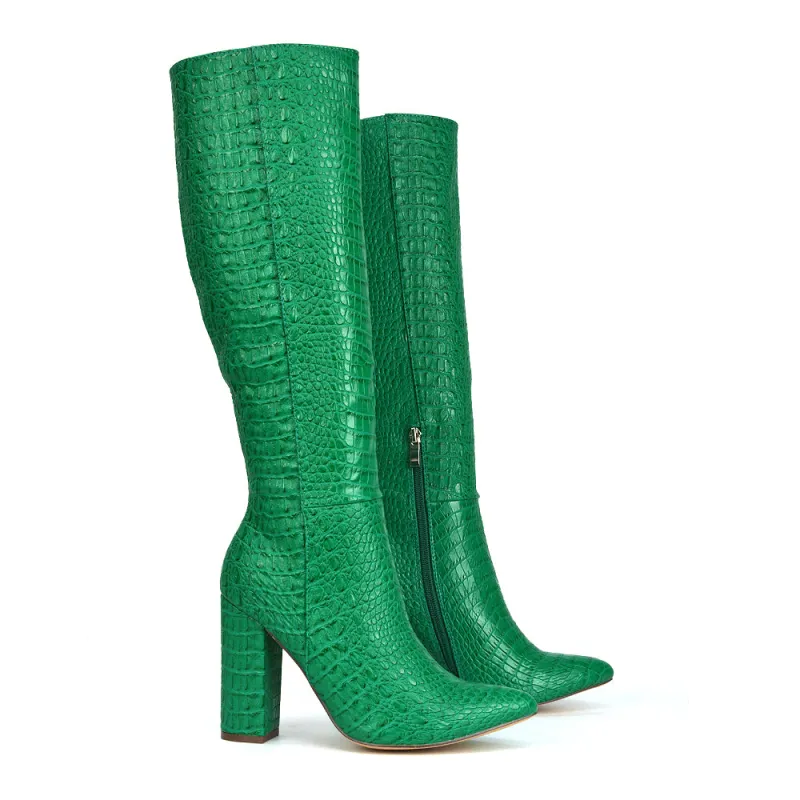 Rhode Pointed Toe Long Party Statement Zip-up Block High Heel Knee High Boots in Green sold by XYlondon