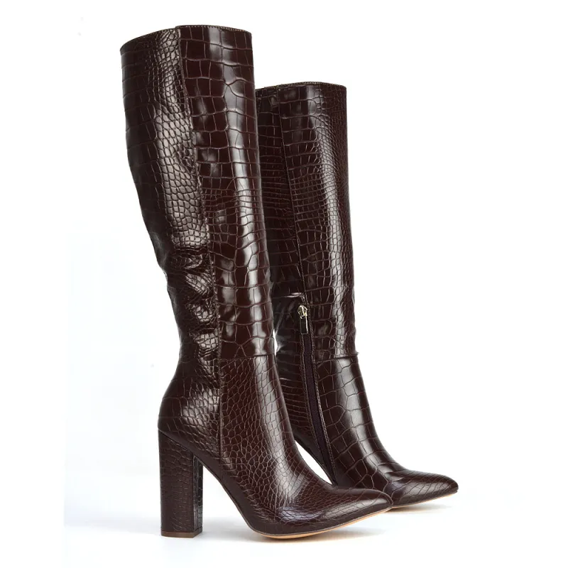 Rhode Pointed Toe Long Party Statement Zip-up Block High Heel Knee High Boots in Brown made by XYlondon