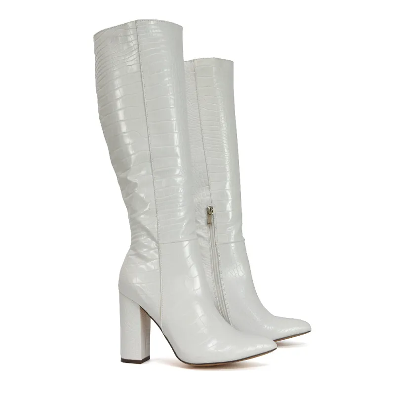Rhode Pointed Toe Long Party Statement Zip-up Block High Heel Knee High Boots in White sold by XYlondon