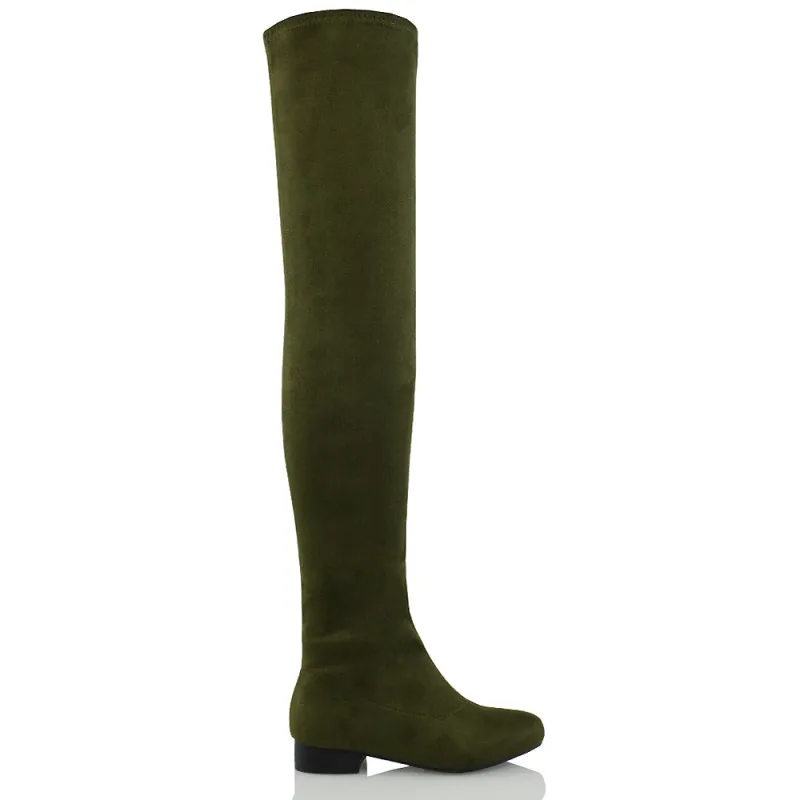 WILLOW FLAT RIDING FAUX SUEDE THIGH KNEE HIGH BOOTS IN GREEN sold by XYlondon