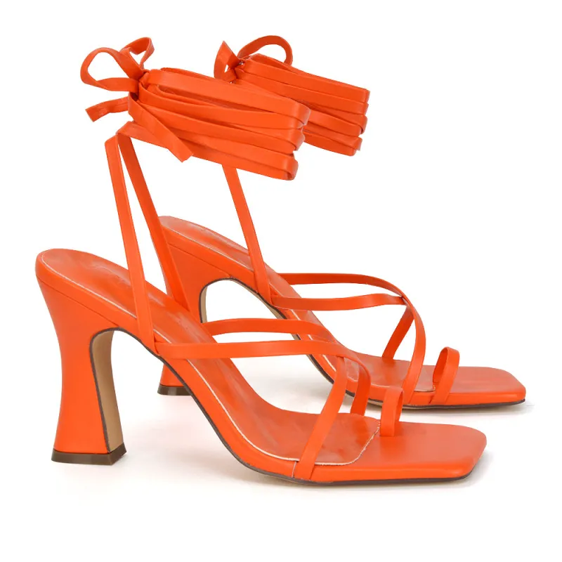 Dylan Square Toe Lace up Strappy Block High Heel Sandals in Orange Synthetic Leather sold by XYlondon