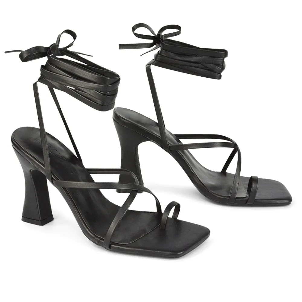 Dylan Square Toe Lace up Strappy Block High Heel Sandals in Green Synthetic Leather sold by XYlondon product image thumbnail 5