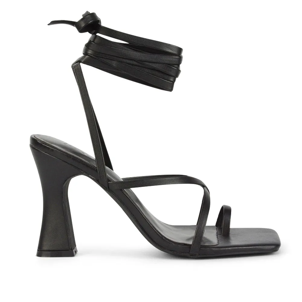 Dylan Square Toe Lace up Strappy Block High Heel Sandals in Green Synthetic Leather sold by XYlondon product image thumbnail 4