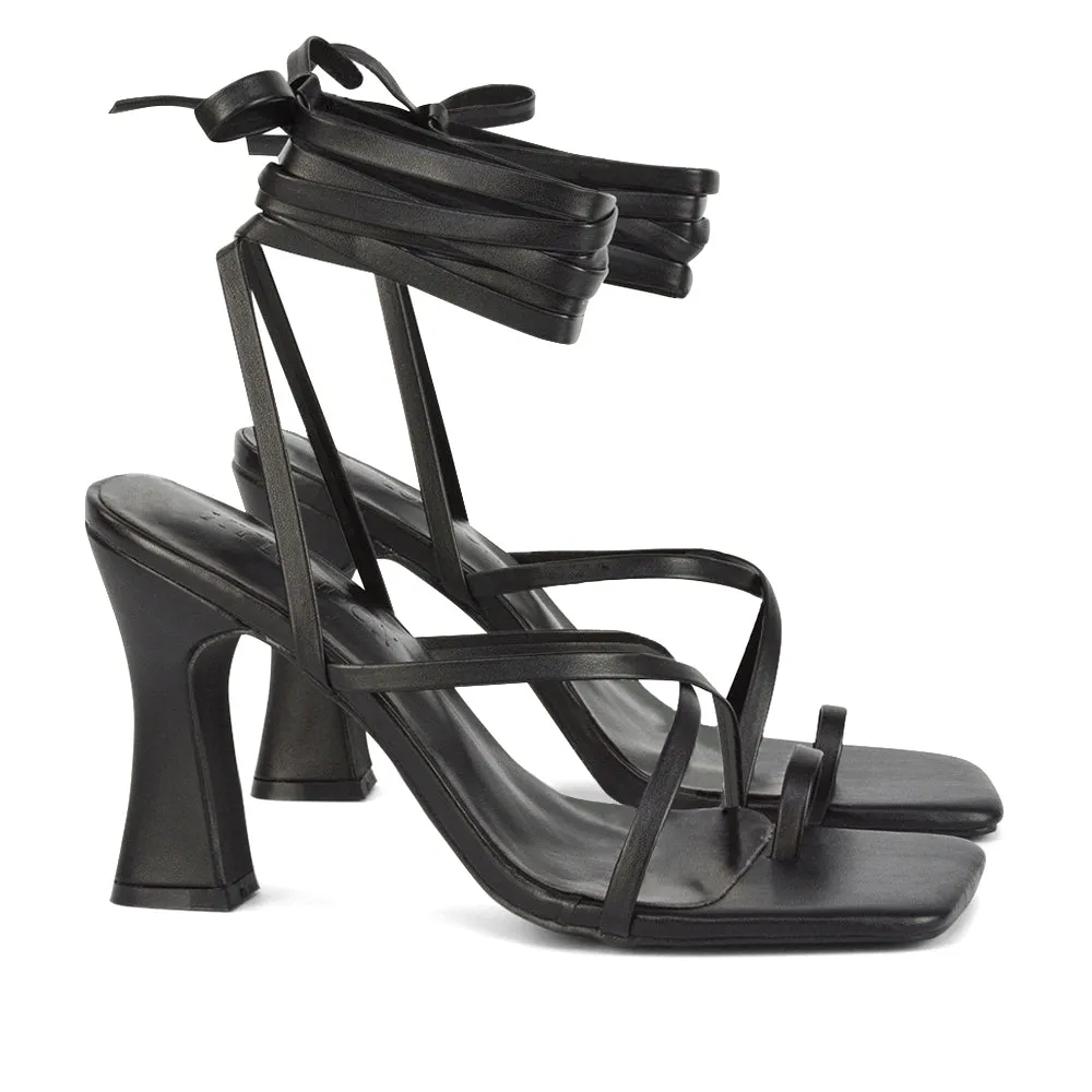 Dylan Square Toe Lace up Strappy Block High Heel Sandals in Green Synthetic Leather sold by XYlondon product image thumbnail 3