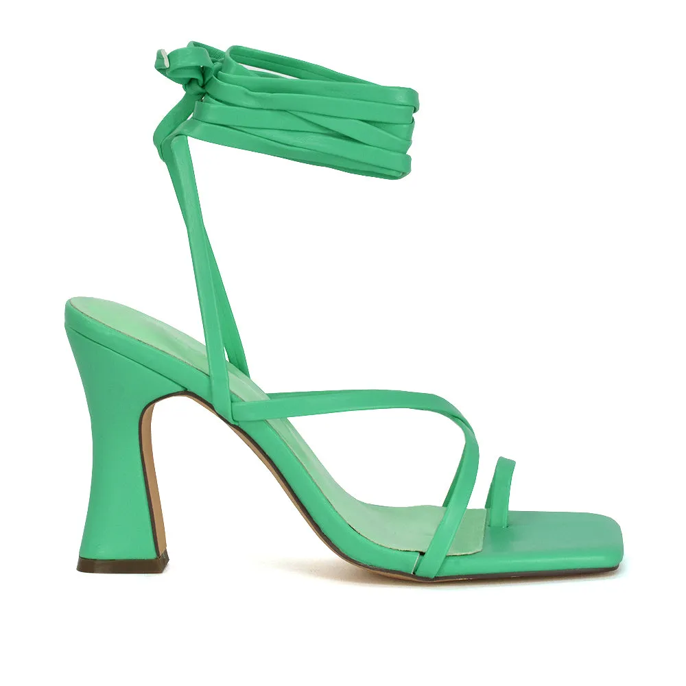 Dylan Square Toe Lace up Strappy Block High Heel Sandals in Green Synthetic Leather sold by XYlondon product image thumbnail 2