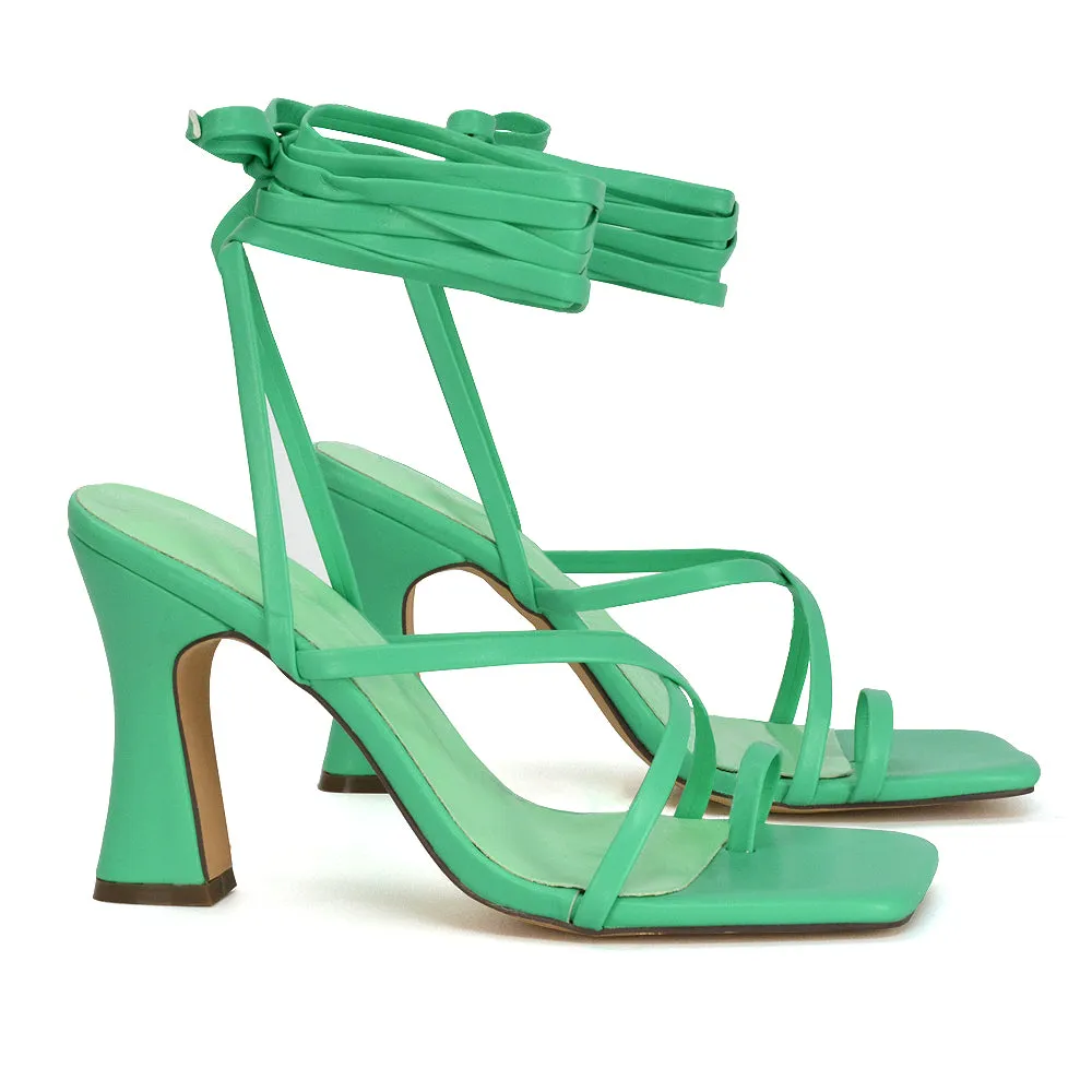 Dylan Square Toe Lace up Strappy Block High Heel Sandals in Green Synthetic Leather sold by XYlondon