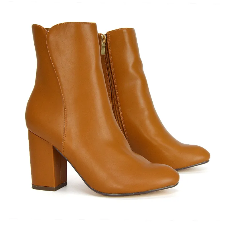 Rayla Pointed Toe Zip-Up Mid Block High Heel Ankle Boots in Tan Synthetic Leather sold by XYlondon