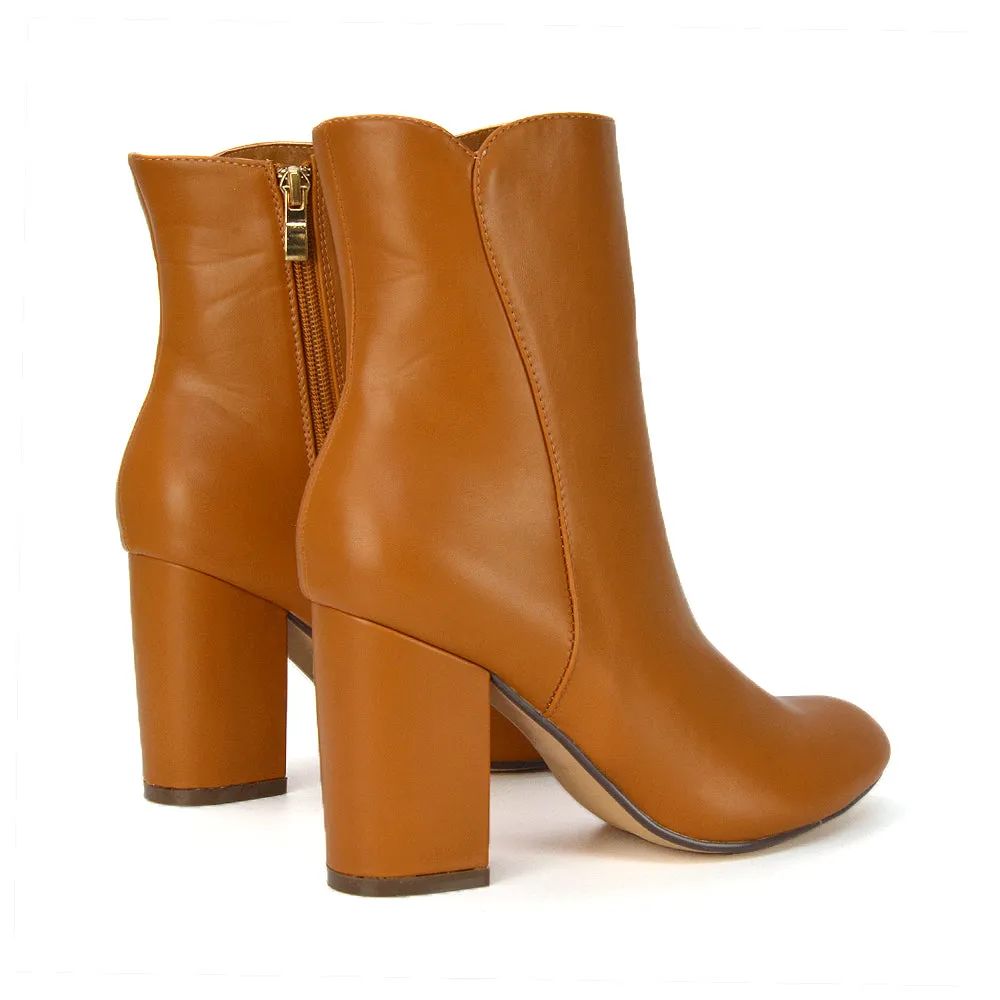 Rayla Pointed Toe Zip-Up Mid Block High Heel Ankle Boots in Tan Synthetic Leather sold by XYlondon product image thumbnail 3