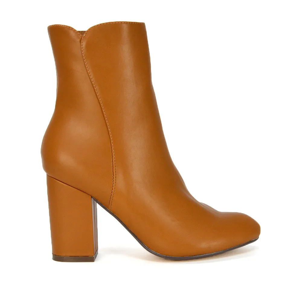 Rayla Pointed Toe Zip-Up Mid Block High Heel Ankle Boots in Tan Synthetic Leather sold by XYlondon product image thumbnail 2