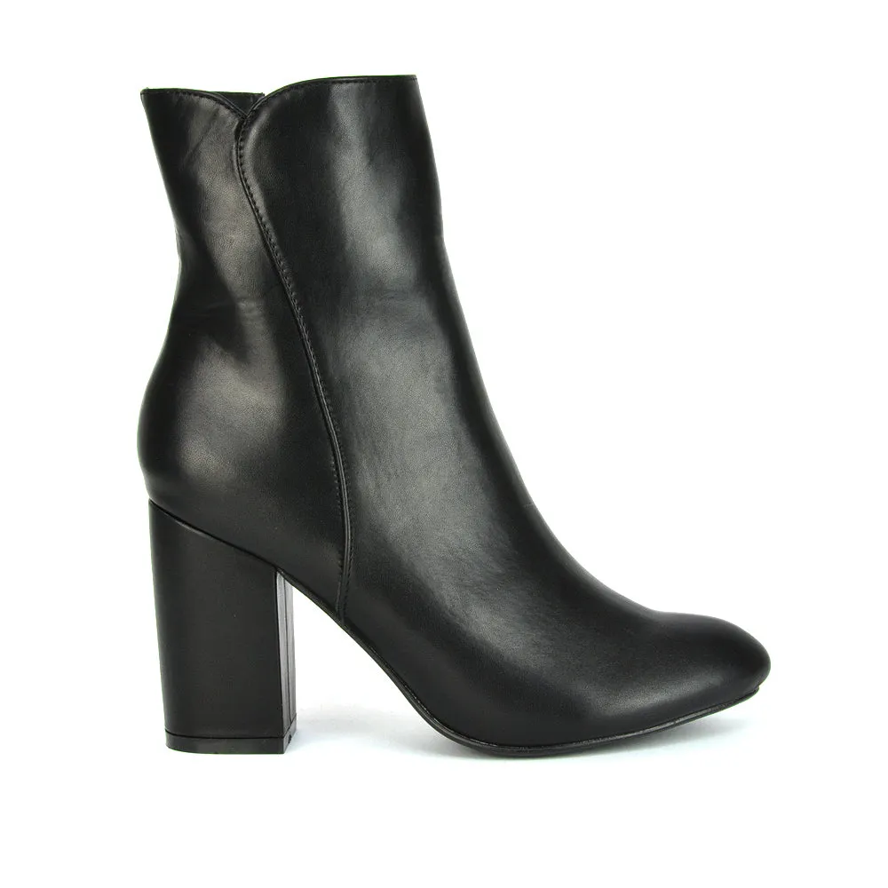 Rayla Pointed Toe Zip-Up Mid Block High Heel Ankle Boots in Black Synthetic Leather sold by XYlondon product image thumbnail 2