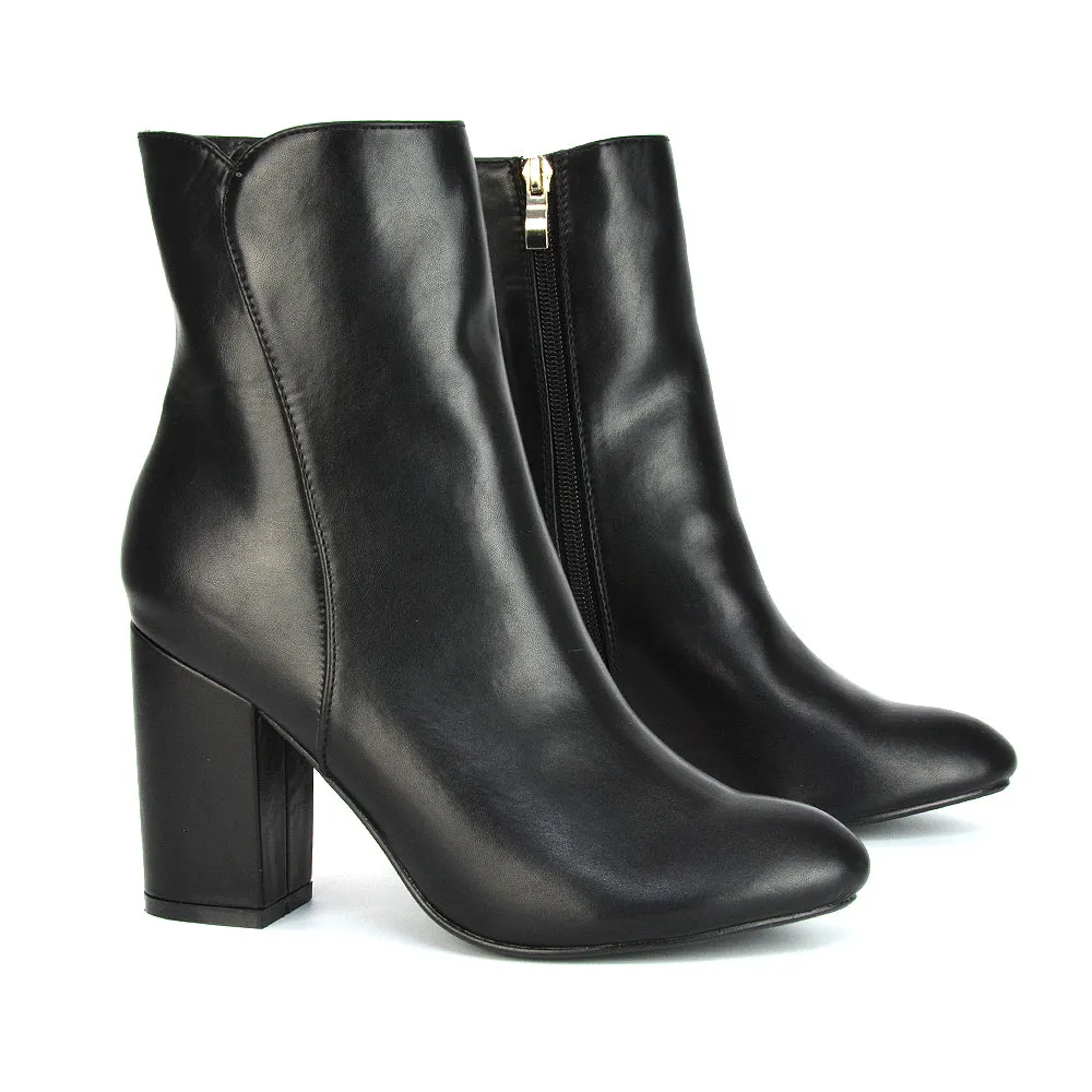 Rayla Pointed Toe Zip-Up Mid Block High Heel Ankle Boots in Black Synthetic Leather sold by XYlondon