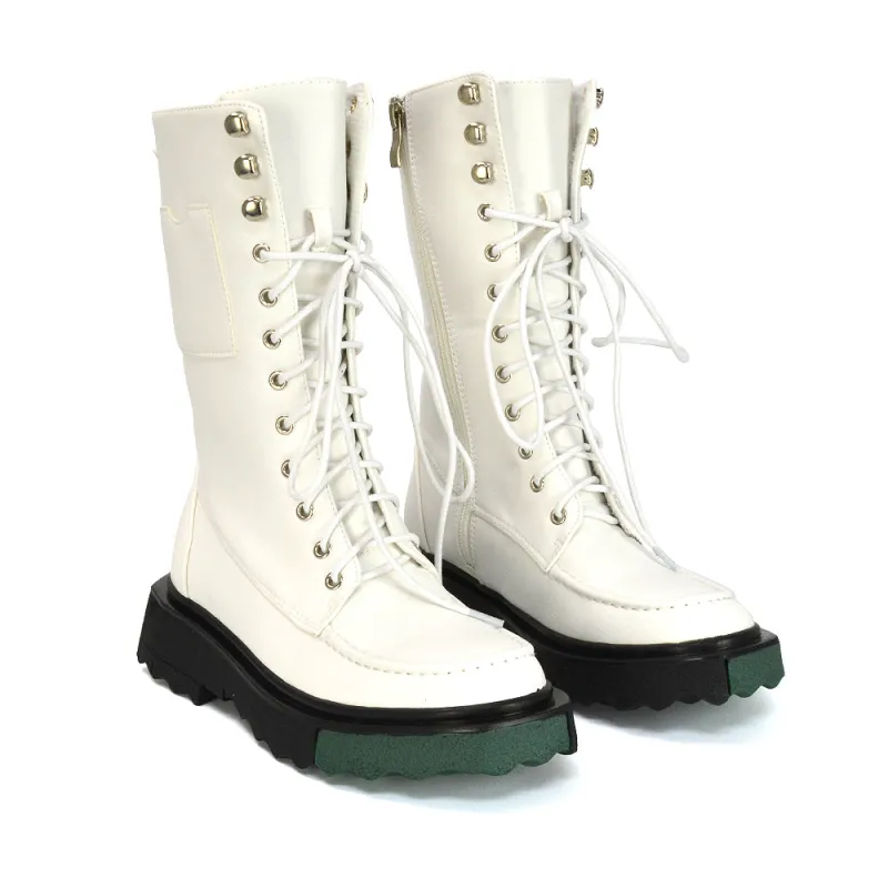 Blakely Flat Wedge Green Sole Biker Lace Up Ankle Boots in White Synthetic Leather sold by XYlondon