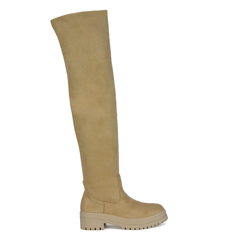 Rosalia Flat Chunky Sole Over the Knee Thigh High Long Boots in Nude Faux Suede sold by XYlondon product image thumbnail 2