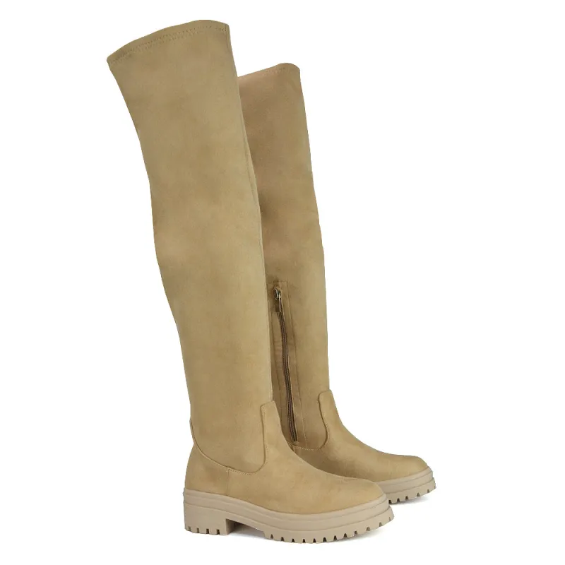 Rosalia Flat Chunky Sole Over the Knee Thigh High Long Boots in Nude Faux Suede sold by XYlondon
