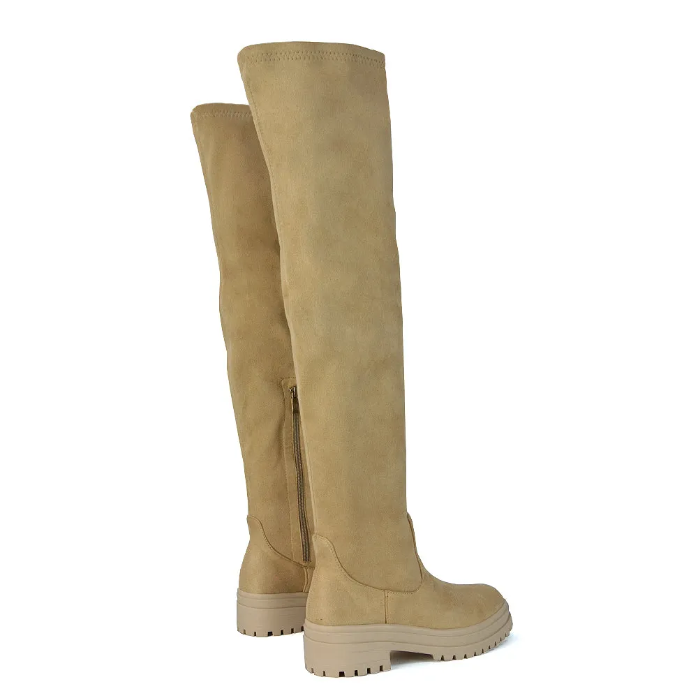 Rosalia Flat Chunky Sole Over the Knee Thigh High Long Boots in Nude Faux Suede sold by XYlondon product image thumbnail 3