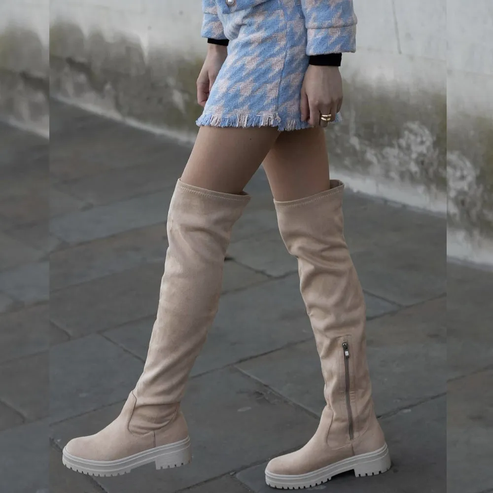 Rosalia Flat Chunky Sole Over the Knee Thigh High Long Boots in Nude Faux Suede sold by XYlondon product image thumbnail 4