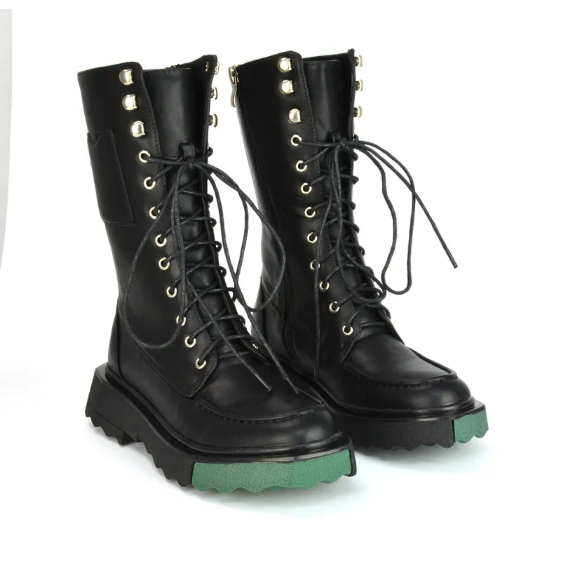 Blakely Flat Wedge Green Sole Biker Lace Up Ankle Boots in Black Synthetic Leather sold by XYlondon