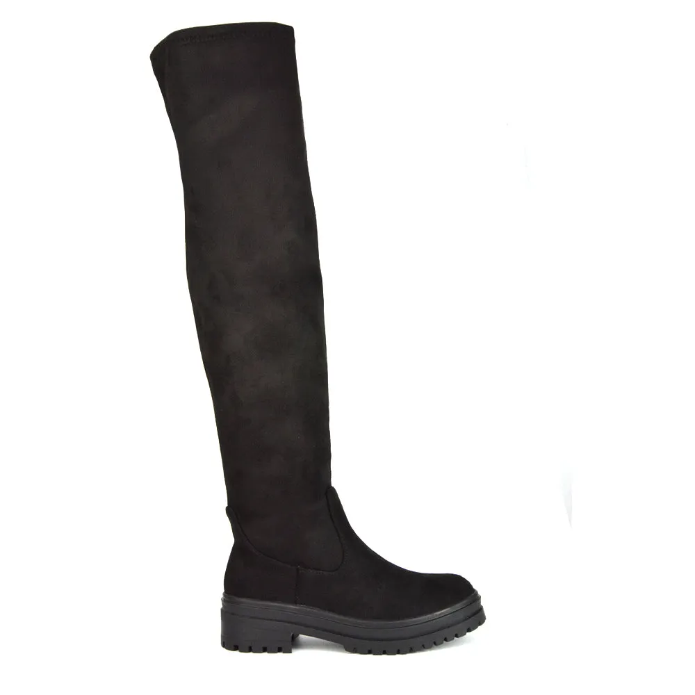 Rosalia Flat Chunky Sole Over the Knee Thigh High Long Boots in Black Faux Suede sold by XYlondon product image thumbnail 2