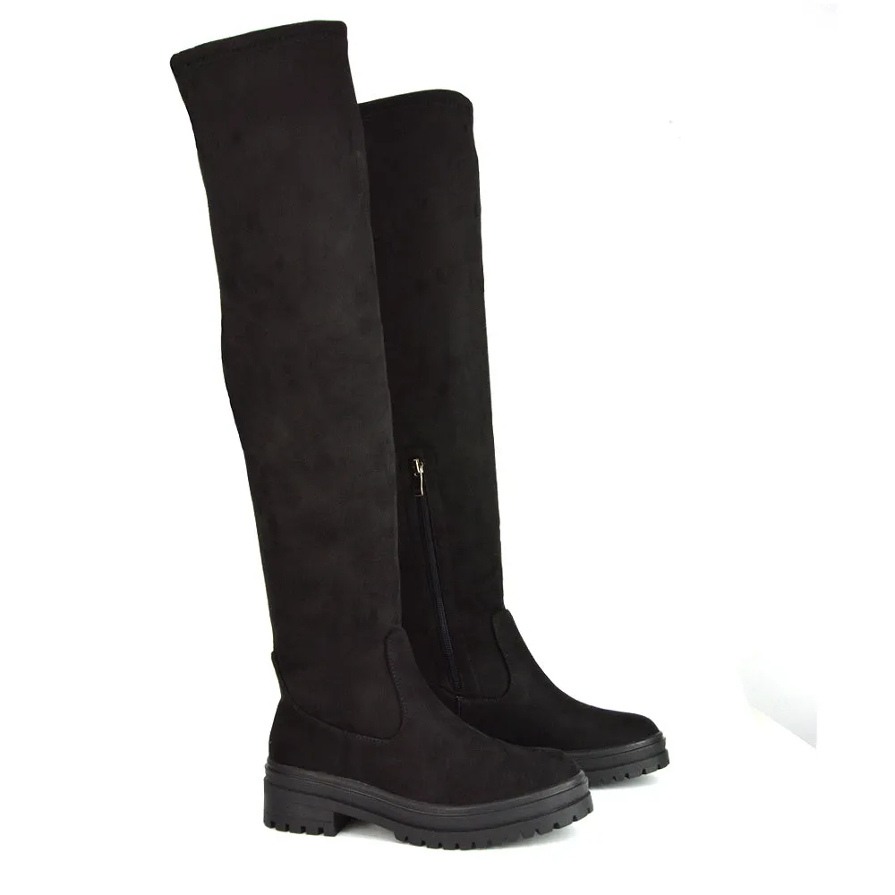 Rosalia Flat Chunky Sole Over the Knee Thigh High Long Boots in Black Faux Suede sold by XYlondon