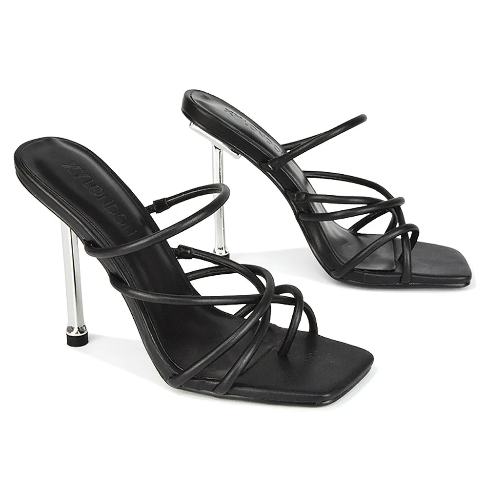 Raelynn Strappy Square Toe Metallic Stiletto High Heels in Black Synthetic Leather sold by XYlondon